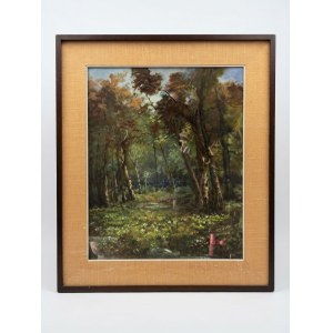 Oil painting on canvas depicting a wooded landscape, in a modern frame