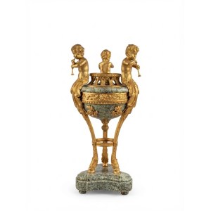 Monumental tripod cauldron in gilded bronze and green marble with white flecks, Louis XVI style