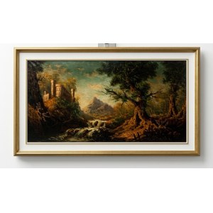 Oil painting on canvas, “River Landscape with Ruins and Mountains” – R. Poli – 20th century. 120x60 cm