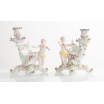 Pair of porcelain candlesticks with Meissen-style cherubs, 20th-century European antique