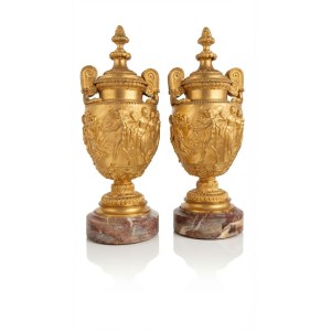 Pair of ornamental crater vases in gilded bronze on marble bases, 36x13
