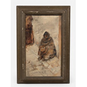 Locatelli, Orientalist oil painting on wood depicting a figure sheltered from the wind, 99.5 x 55.5 cm.
