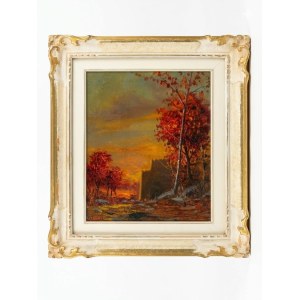 Oil on panel, approximately 32x21 cm, depicting an autumn landscape at sunset