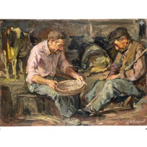 Oil painting on canvas by R. Bonfanti - Interior Scene in a Barn, 70x50 cm