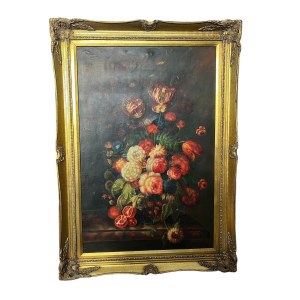 Ölgemälde auf Leinwand „Stillleben mit Blumen und Granatäpfeln“, Anfang des 20. Jahrhunderts, signiert, 110 x 80 cm, mit vergoldetem Rahmen