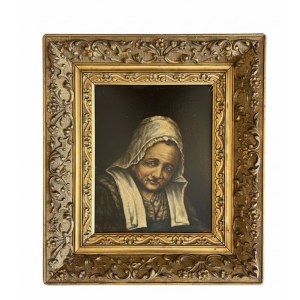Portrait of an Elderly Woman of the People - Oil on wood - 19th-century European school, with a magnificent gilded frame