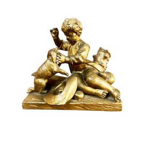 Gilded bronze sculpture Boy Playing with a Dog - approximately 14 cm