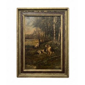 Dipinto olio su tela Scena di Caccia con Cani da Ferma - Scuola Realista del XIX Secolo cm 31x42