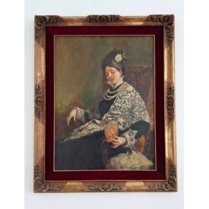 An oil painting on canvas measuring 80x50 cm, depicting the portrait of an elegant woman seated indoors