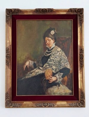 Dipinto olio su tela di cm 80x50, raffigura il ritratto di una donna elegante seduta in un interno
