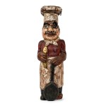 Vintage carved and polychrome wooden bottle rack featuring a chef figure from the 1960s