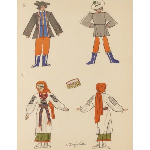 Zofia Stryjeńska (1891, Kraków – 1976, Geneva), “Folk Costumes from Lviv and the Kosovo Region (Men’s Sunday Attire and Women’s Attire),” plate XII from the portfolio “Polish Peasants’ Costumes,” 1939