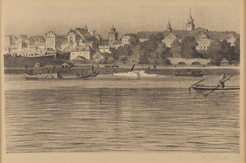 Adam Grabowski (1875 - 1940 ), Panorama Krakowskiego Przedmieścia i Zamku Królewskiego od strony Wisły, 1921