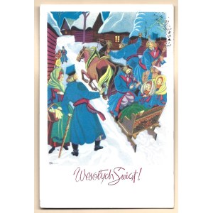 Christmas Postcard - Merry Christmas [People's Republic of Poland, folk motif, sleigh ride]