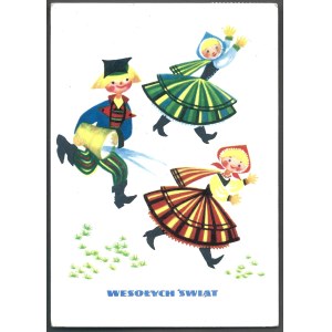 Easter postcard: HAPPY EASTER - Danuta Imielska, 1960 [People's Republic of Poland, folk motif, Śmigus Dyngus]