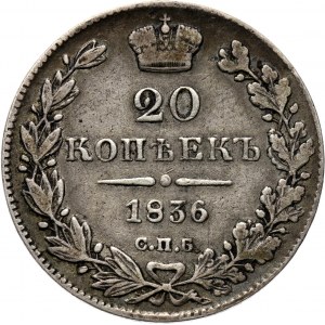 Rosja, Mikołaj I, 20 kopiejek 1836 HG, Petersburg