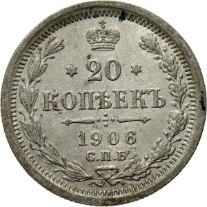 Rosja, Mikołaj II, 20 kopiejek 1906 EB, Petersburg
