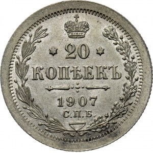 Rosja, Mikołaj II, 20 kopiejek 1907 EB, Petersburg, UNC