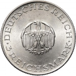 Niemcy, Republika Weimarska, 3 marki 1929 J, Hamburg, Lessing, UNC