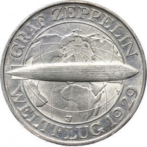 Niemcy, Republika Weimarska, 3 marki 1929 J, Hamburg, Graf Zeppelin, UNC