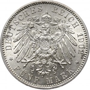 Niemcy, Saksonia, 5 marek 1902, edycja pośmiertna, Muldenhütten, Wspaniałe UNC-!!!