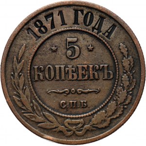 Rosja, Aleksander II, 5 kopiejek 1871 SPB, Petersburg, bardzo rzadkie (R3)
