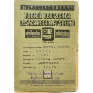 Niemcy, legitymacja Niemieckich Wolnych Związków Zawodowych 1946-1947