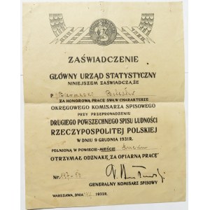 II RP, Zaświadczenie o nadaniu odznaki Za ofiarną pracę 9 XII 1931 przy Powszechnym Spisie Ludności