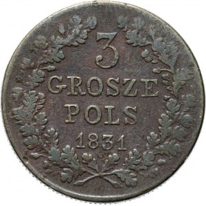 Powstanie Listopadowe, 3 grosze 1831 K.G., Warszawa, rzadkie bez kropki po POLS (R2)