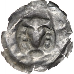 Brakteat, głowa w koronie, kulki-ozdoby, II połowa XII wiek