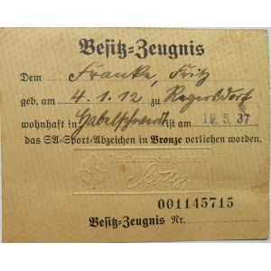 III Rzesza, legitymacja do brązowej odznaki sportowej ze zdjęcia z 1937 roku