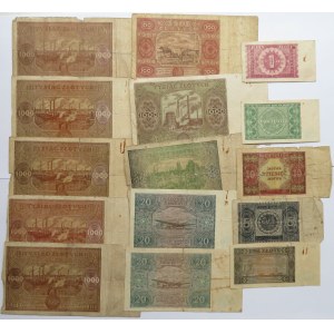 Polska Ludowa, lot banknotów od 1 do 1000 złotych 1946-1948, 15 sztuk