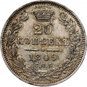 Rosja, Mikołaj I, 20 kopiejek 1849 PA, Petersburg, piękne!