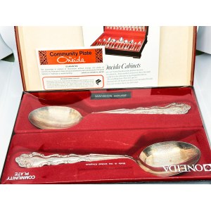 Two silver-plated Oneida spoons—a complete set