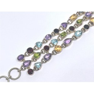 Wide silver triple bracelet with amethysts, topazes, citrines, garnets, and peridots