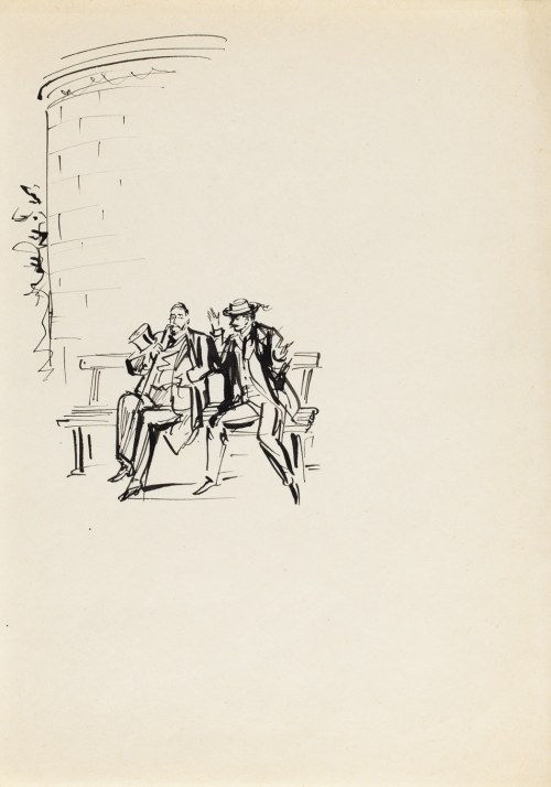 Antoni Uniechowski (1903 Wilno - 1976 Warszawa), Dyskusja Wokulskiego z Ochockim na ławce w Łazienkach (projekt winiety do 