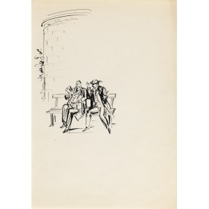Antoni Uniechowski (1903, Vilnius – 1976, Varsovie), Discussion entre Wokulski et Ochocki sur un banc du parc des Łazienki (esquisse de la vignette pour « La Poupée » de Bolesław Prus)