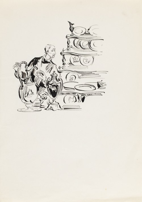 Antoni Uniechowski (1903 Wilno - 1976 Warszawa), Rzecki robiący przegląd towarów w sklepie (projekt winiety do 