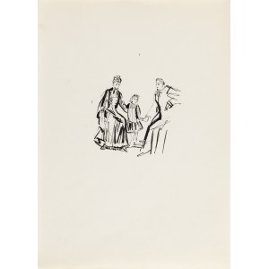 Antoni Uniechowski (1903, Vilnius – 1976, Varsovie), Mme Stawska et sa fille Hela écoutent les nouvelles concernant Stawski racontées par Wokulski (esquisse de la vignette pour « La Poupée » de Bolesław Prus)