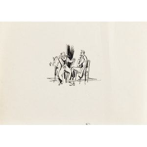 Antoni Uniechowski (1903, Vilnius – 1976, Varsovie), Discussion entre Rzecki et un marchand au sujet de Wokulski (projet de vignette pour « La Poupée » de Bolesław Prus)