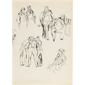 Antoni Uniechowski (1903 Vilnius – 1976 Warsaw), Sketches, including those for a discussion at the prince’s palace during a gathering of gentlemen (design for the frontispiece of Bolesław Prus’s *Lalka*)