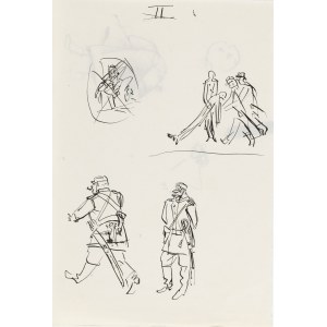 Antoni Uniechowski (1903 Vilnius – 1976 Warsaw), Sketches (front and back), including a shaken Mr. Patkiewicz fainting into Mr. Maleski’s arms (design for the title page of Bolesław Prus’s *The Doll*)