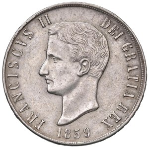 NEAPOL Franciszek II z dynastii Burbonów (1859–1860) Piastra o nominale 120 grana z 1859 r. – Magliocca 806a AG (27,48 g) R R/odwrócone orły.