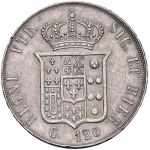 NEAPOL Franciszek II z dynastii Burbonów (1859–1860) Piastra o nominale 120 grana z 1859 r. – Magliocca 806a AG (27,48 g) R R/odwrócone orły.