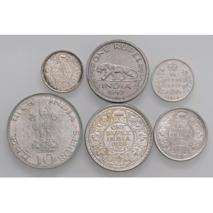 Lots - INDIA Set of 6 silver coins: 1/4 Rupee 1...