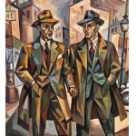 UNIDENTIFIED SIGNATURE, two elegant male figures with an urban landscape