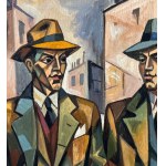 UNIDENTIFIED SIGNATURE, two elegant male figures with an urban landscape