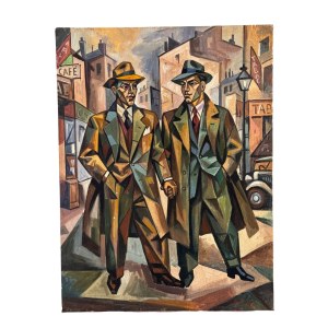 UNIDENTIFIED SIGNATURE, two elegant male figures with an urban landscape