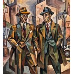 UNIDENTIFIED SIGNATURE, two elegant male figures with an urban landscape