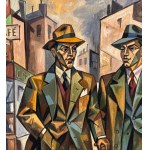 UNIDENTIFIED SIGNATURE, two elegant male figures with an urban landscape